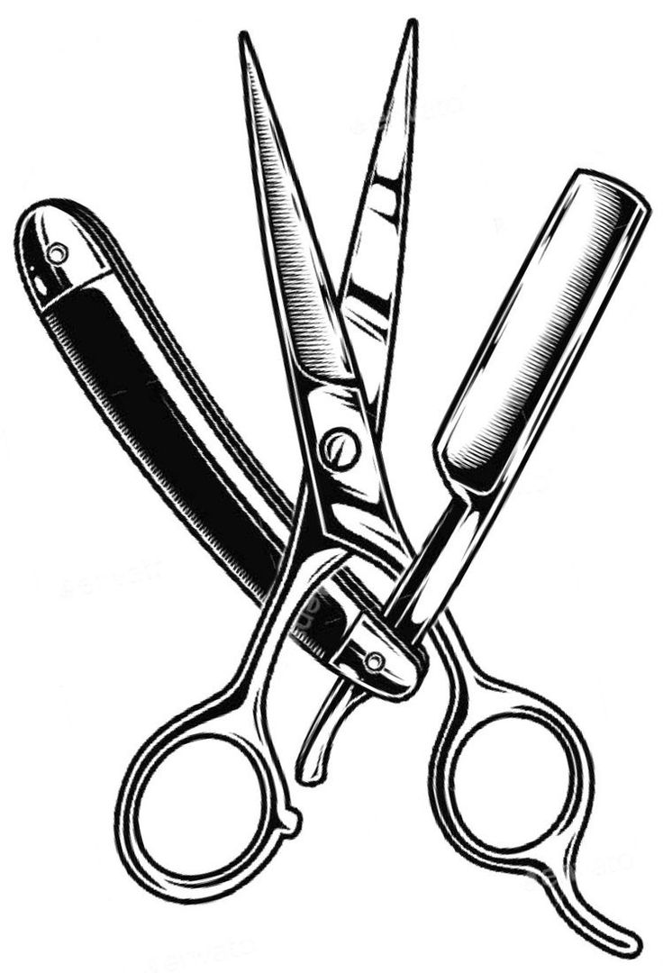 a pair of scissors and a knife are shown in this black and white drawing by hand