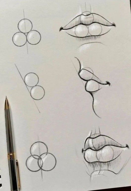 a drawing of different lips and noses on a piece of paper with a pen next to it