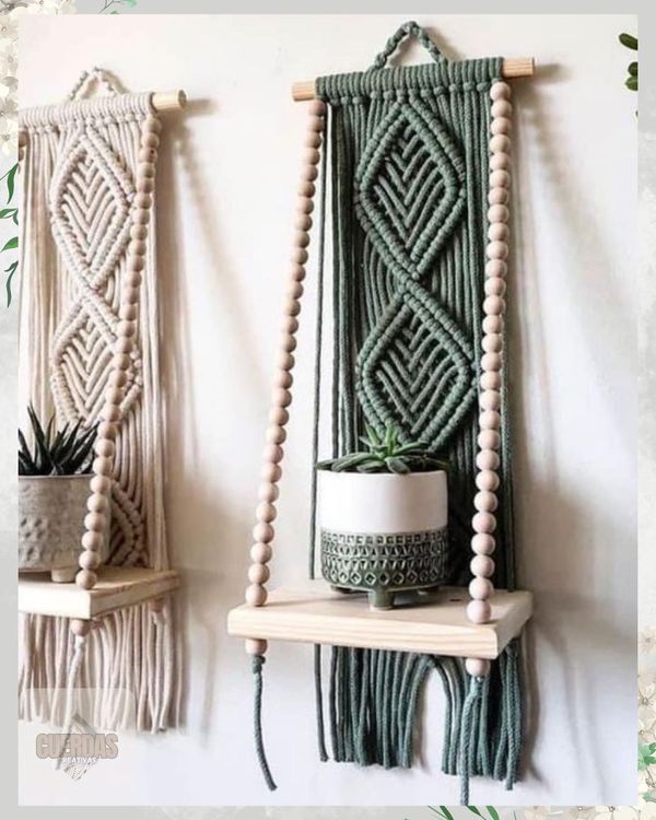 two macrame wall hangings one with a plant and the other with a potted plant