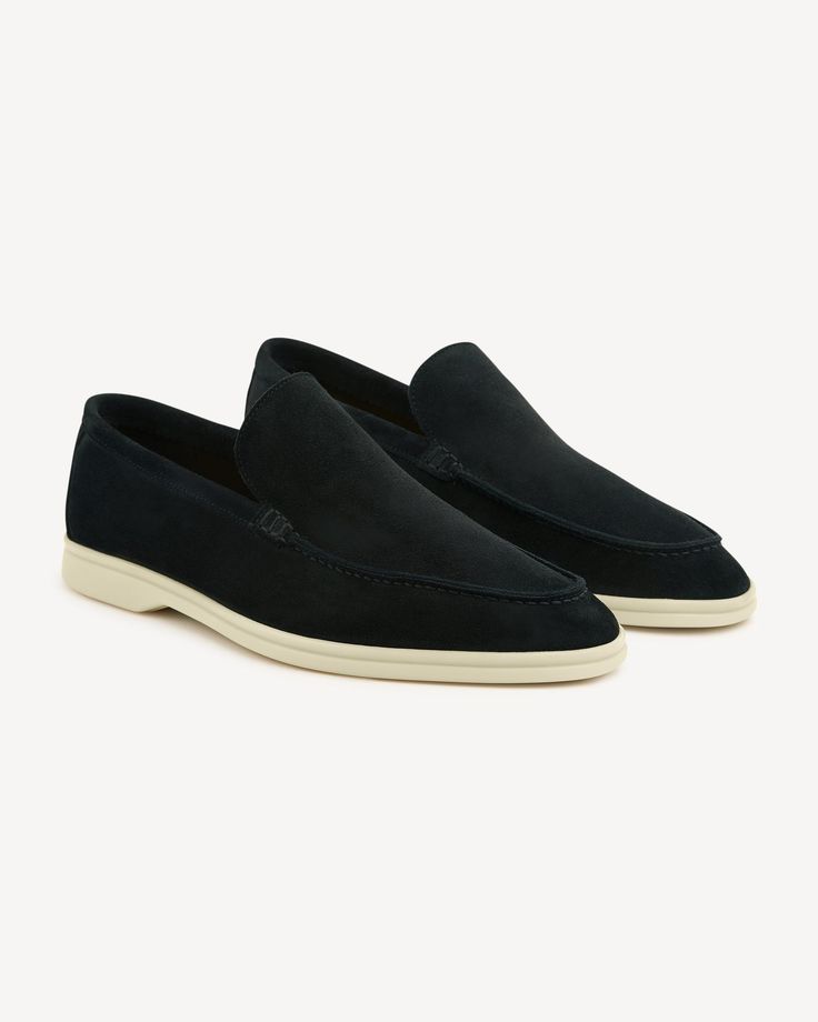 Brabion Unlined Capri Suede Loafer – Black Low-top Textured Sole Loafers, White Sole Textured Slip-on Loafers, Slip-on Loafers With Textured White Sole, Slip-on Low-top Loafers With Rubber Sole, White Slip-on Loafers With Stitched Sole, Low-top Slip-on Loafers With White Sole, Slip-on Low-top Loafers With White Sole, Classic Low-top Moccasins With Rubber Sole, Business Low-top Loafers With Leather Sole