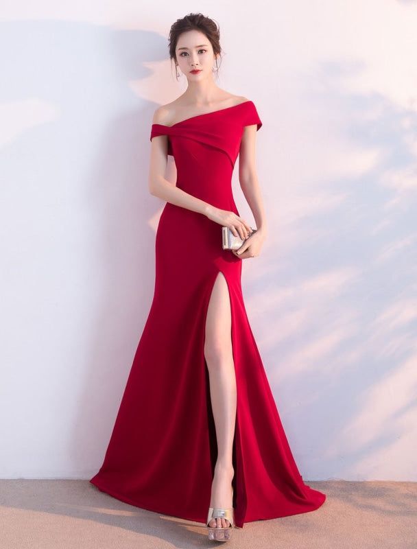 Burgundy Evening Dresses Off The Shoulder Formal Dress Sexy High Split Elastic Silk Like Satin Party Dress wedding guest dress Burgundy Evening Dress, Long Red Dress, Gala Dresses, Long Red, Ladies Dress Design, Wedding Party Dresses, Trendy Dresses, Fancy Dresses, Petticoat