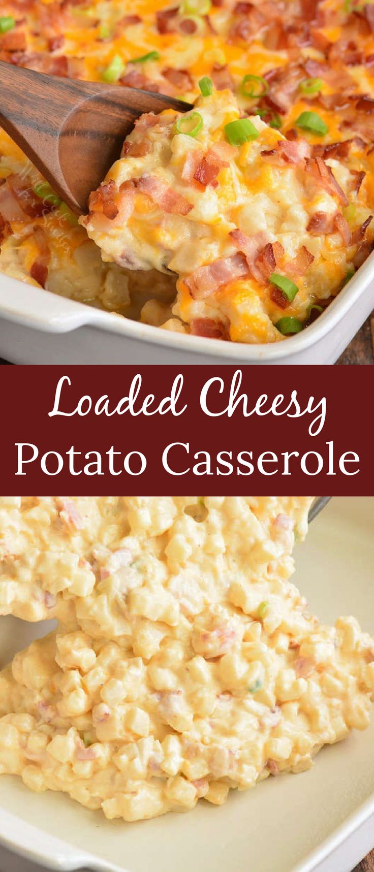 loaded cheesy potato casserole in a white dish with a wooden spoon