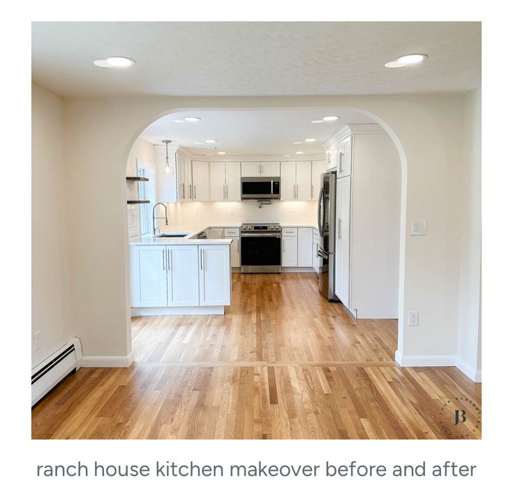 an empty kitchen with hardwood floors and white cabinets in the center is featured on this page