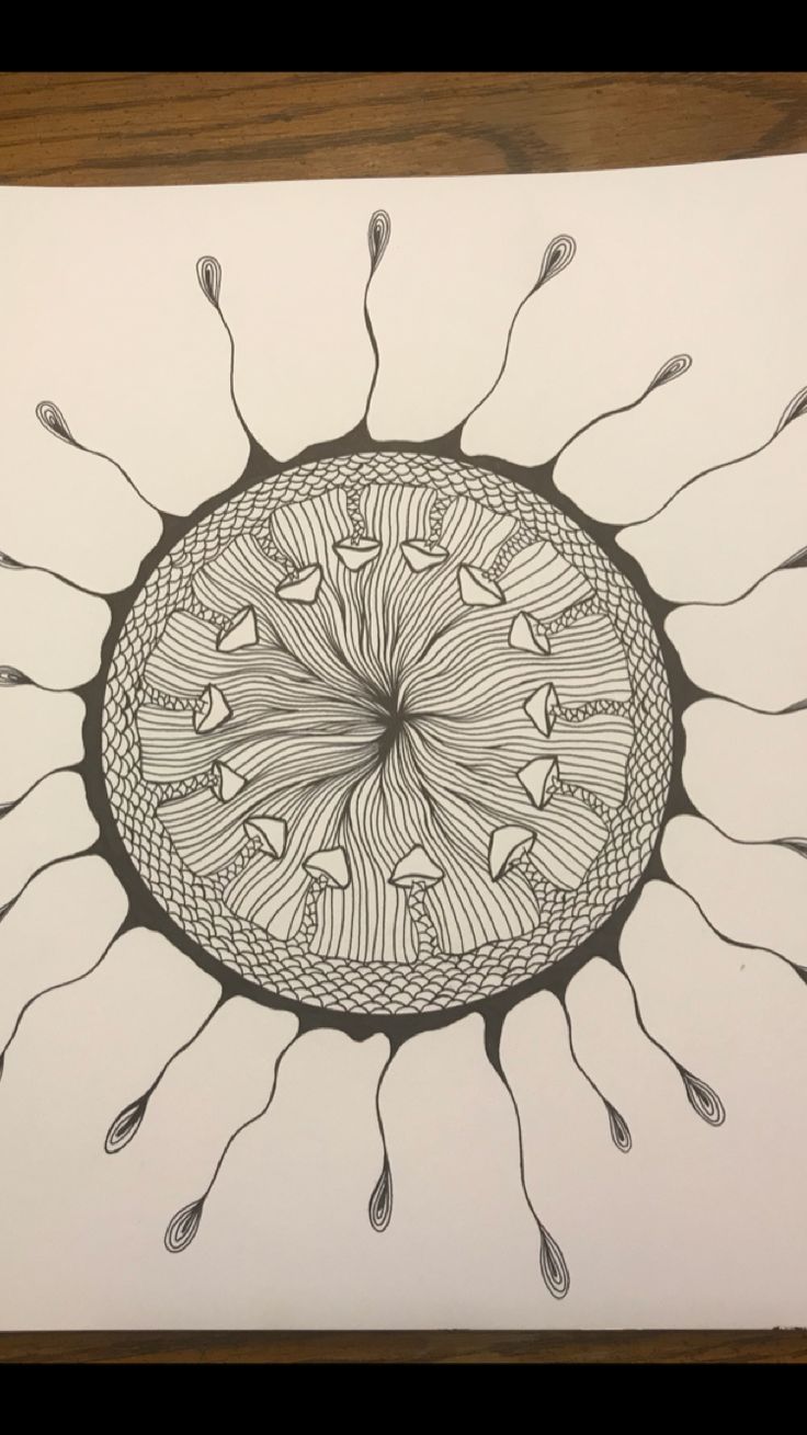 an ink drawing of a sunflower with lots of small flowers in the center and long stems coming out of it