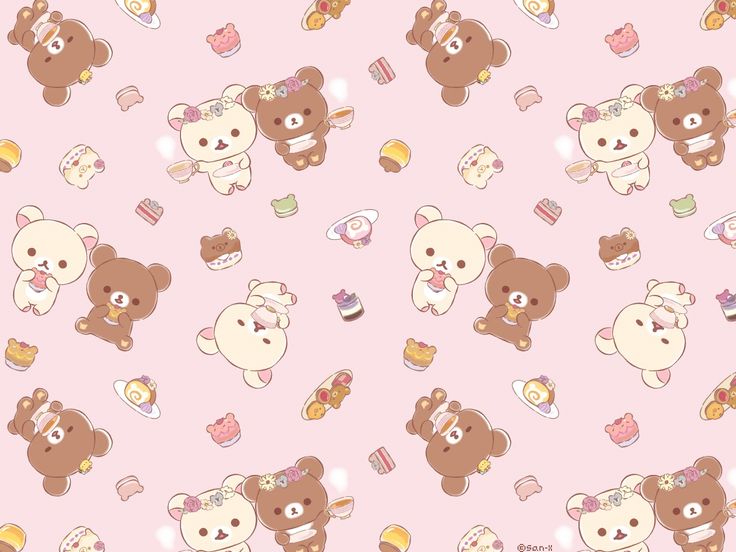 a pink background with brown teddy bears and cupcakes