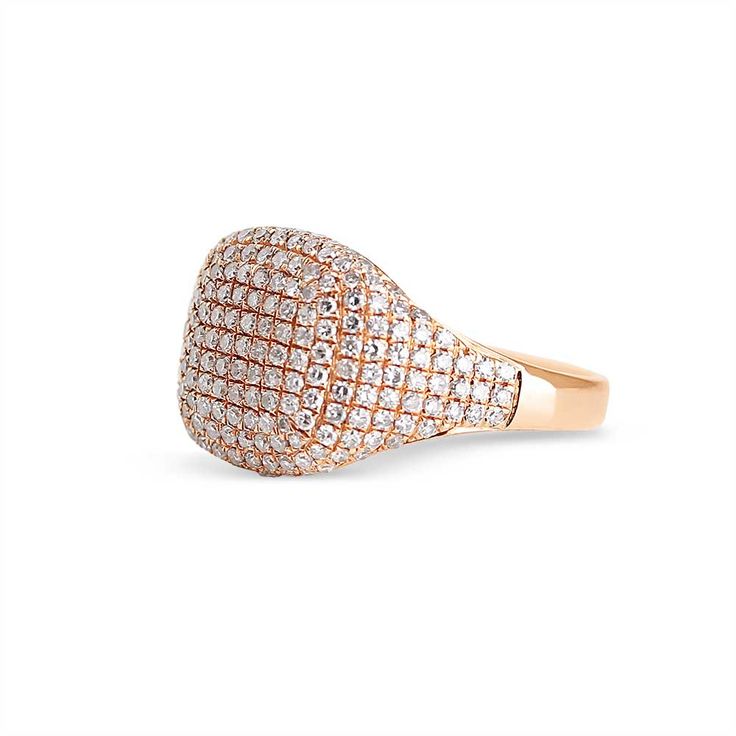 14K Gold Pavé Diamond Cushion Signet Ring Our 14K Gold Pavé Diamond Cushion Signet Ring is a stunning take on the traditional solid gold signet ring. Elevate your ring game with this stunning pavé diamond cushion signet ring! Available in yellow, white, and rose gold Please have your finger sized professionally by your local jeweler prior to placing your order as all sales are final. If you are not confident in your ring size, we suggest sizing up to allow for any necessary adjustments. Measurem Rose Gold Diamond Signet Ring In Fine Jewelry Style, Luxury Oval Dome Ring With Pave Setting, Luxury Rose Gold Signet Ring With Brilliant Cut, Fine Jewelry Oval Dome Ring With Pave Setting, Oval Dome Ring With Pave Setting In Fine Jewelry, Oval Dome Ring With Pave Setting, Oval 14k Gold Signet Ring With Pave Setting, Luxury Pave Setting Round Signet Ring, Luxury Round Pave Setting Signet Ring