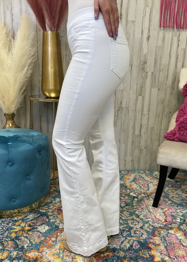 Basic Needs White Flare Pants-Shop-Womens-Boutique-Clothing White High Rise Pants For Fall, Trendy White Bottoms For Fall, Trendy Full Length White Pants, White Flare Pants For Spring, Trendy White Stretch Pants, Stretch White Bottoms For Fall, White Stretch Bottoms For Fall, White Pull-on Style Bottoms For Spring, Trendy Non-stretch White Bottoms