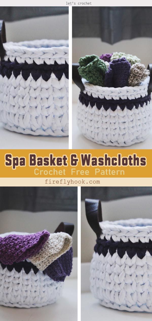 four photos showing different ways to crochet a basket with washcloths in it