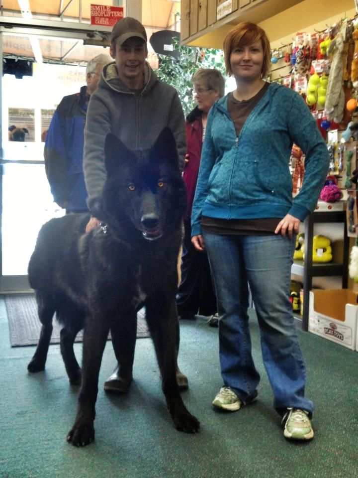 a man and woman standing next to a black dog in a store with other people