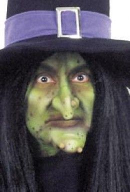 a man with long black hair wearing a witches hat and green makeup on his face