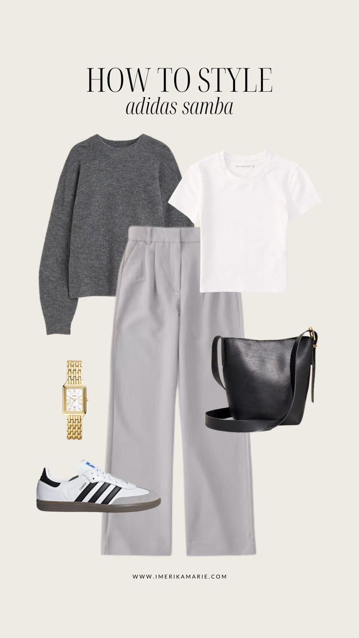 Pants With Sneakers Outfit, Grey Pants Outfit Casual, Casual Outfits With Sneakers, Grey Shirt Outfit, Fashion Sneakers Outfit, Trousers With Sneakers, Casual Sunday Outfit, Erika Marie, Samba Sneakers