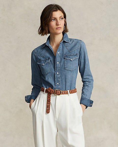 Styling Books, Ralph Lauren Western, Spring Must Haves, Denim Western Shirt, Grandmother Granddaughter, Western Denim Shirt, Polo Women, Women's Button Down Shirt, Jeans Shirt