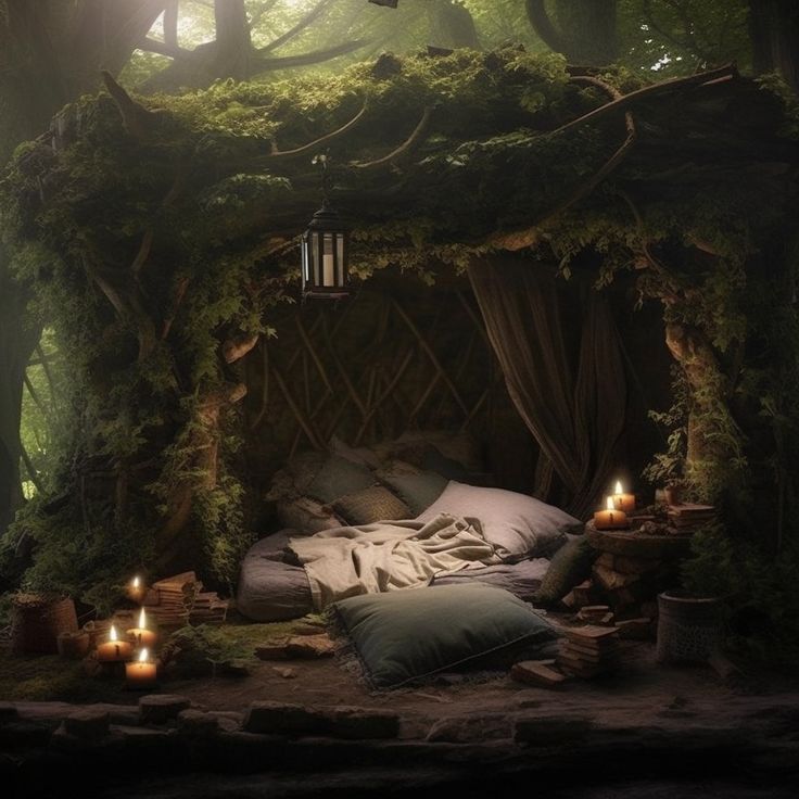 a bed covered in moss with candles lit up on the side and surrounded by greenery