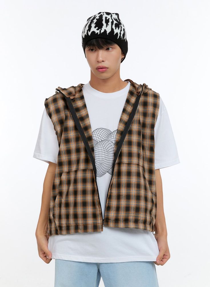 Product Detail Style : Street Occasion : Back to school Type : Men Detail : Zip up, Hood Print : Check Material : Cotton Sleeve : Sleeveless Neck : Hood Cotton100 Color : Black, Brown, Dark blue Made in Korea Model Size Model is wearing size M/L and the color Black. Height : 5'9" | 176cm / Top : M / Bottom : L (30 inch) .prddescription table, .prddescription td, .prddescription th { border : 1px solid black; border-collapse : collapse; padding: 10px; } Size(Inch) Size Shoulder Bust Armhole Hem T Casual Hooded Plaid Outerwear, Casual Plaid Hooded Outerwear, Cotton Tops With Drawstring Hood For College, Plaid Hoodie For Streetwear, Casual Plaid Hoodie For Streetwear, Plaid Cotton Hooded Jacket For Fall, Casual Cotton Outerwear For College, Urban Cotton Hooded Jacket With Detachable Hood, Casual Plaid Hooded Hoodie