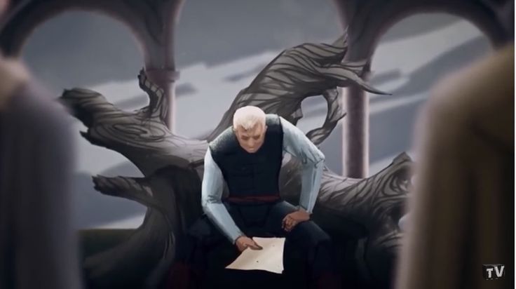 an older man sitting on top of a bench in front of a dragon statue and writing