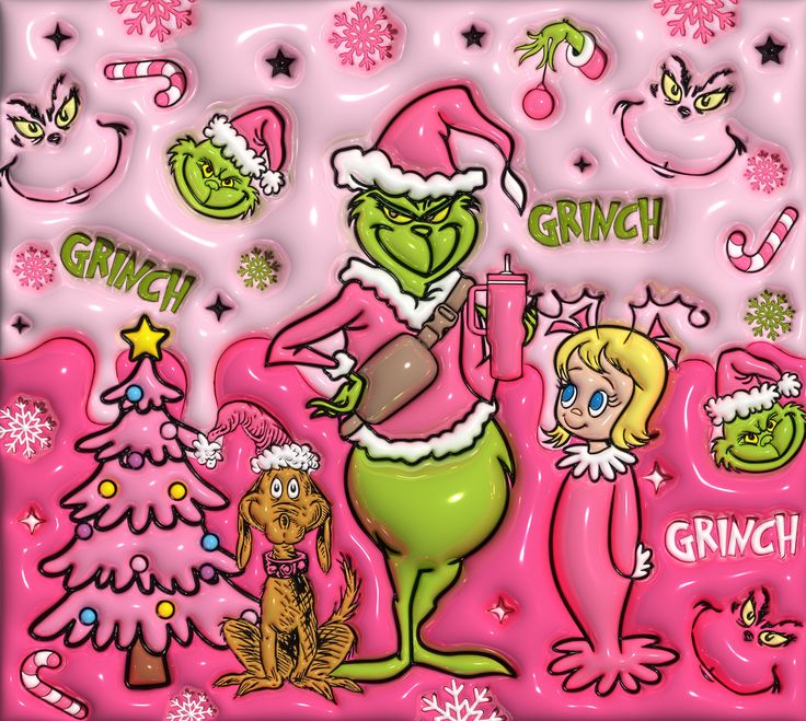 the grinch christmas card is pink and green