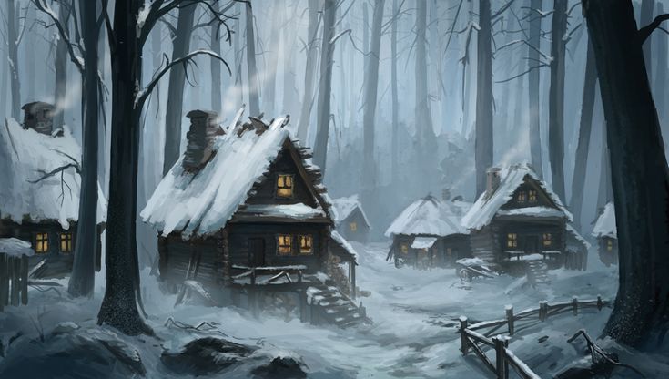 a painting of a snowy cabin in the woods