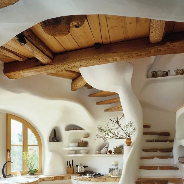 a kitchen with white walls and wooden stairs leading up to the upper floor, along with an arched window