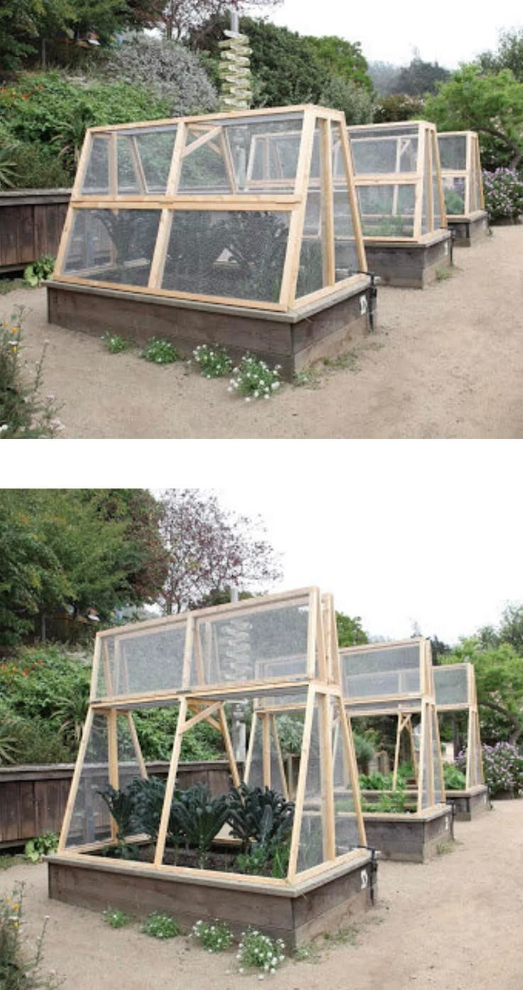 two pictures of different types of greenhouses in various stages of being used to grow plants