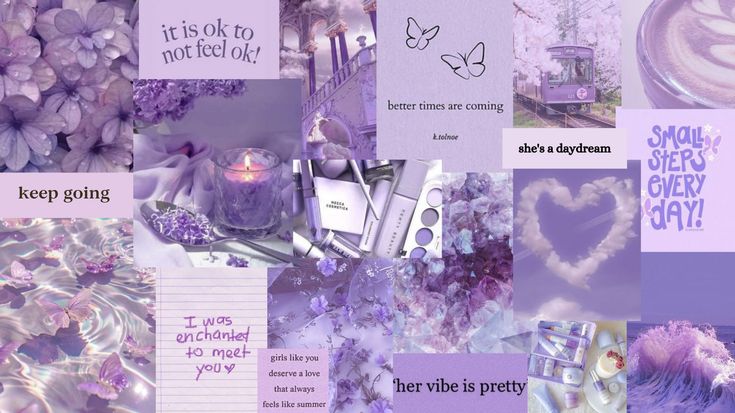 the collage is filled with purple and white items, including candles, cards, and other things