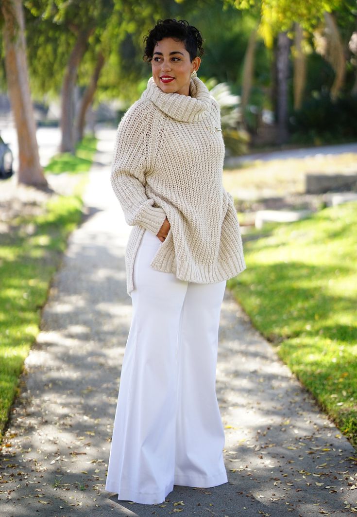 DIY WIDE LEG TROUSERS AND OVERSIZED SWEATER | Mimi G Style Online Sewing Classes, Mimi G Style, Diy Pants, Wide Legged Pants, Oversized Sweater Outfit, Mimi G, Turtle Neck Sweater, Sewing Class, Teacher Outfits