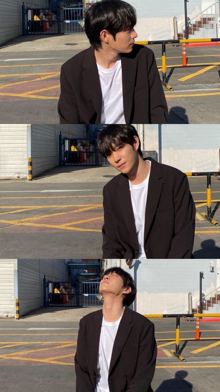 four different shots of a man in a black jacket and white t - shirt with his eyes closed