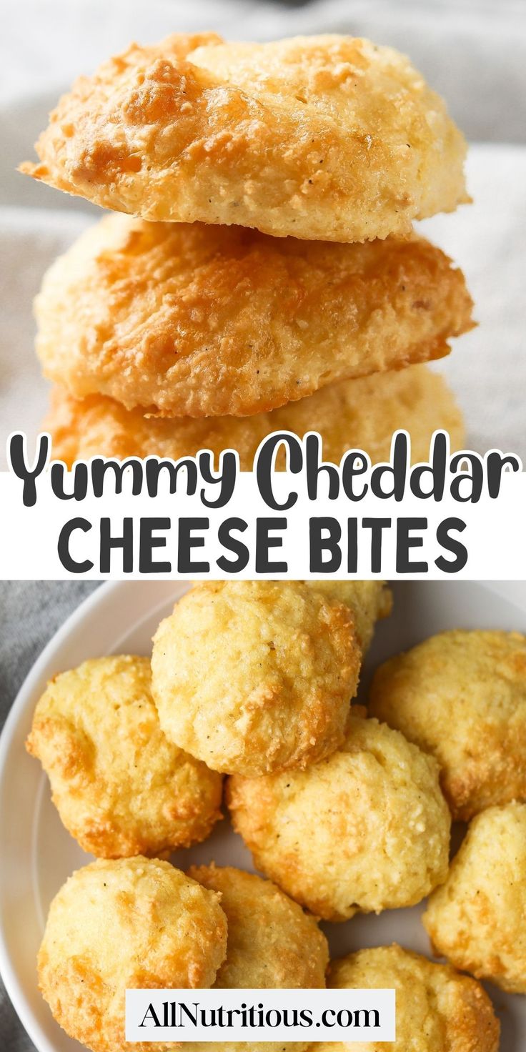 three different types of cheese bites stacked on top of each other with the words, yummy cheddar cheese bites