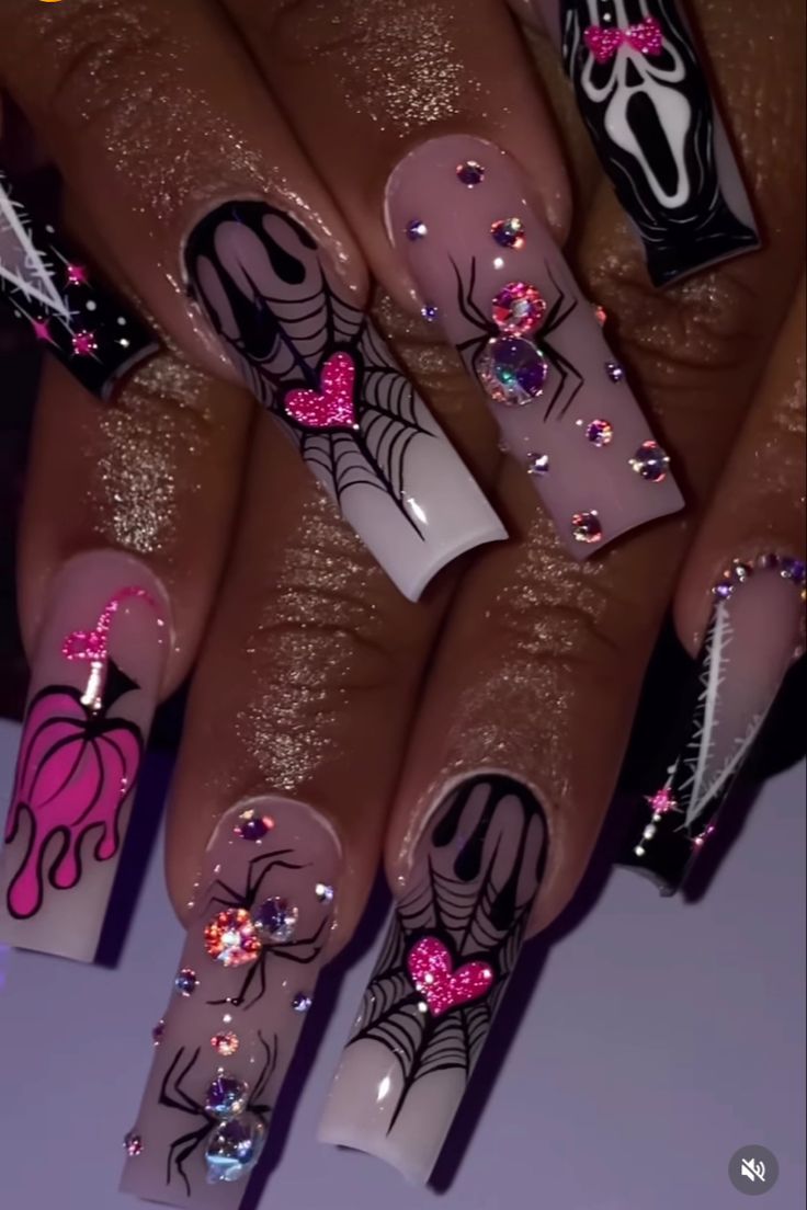 Glitter Halloween Nails Acrylic, Pink Nail Designs Bling, Acrylic Nail Designs Coffin Long, Halloween Nails Acrylic 2023, Birthday And Halloween Nails, Halloween Nail Designs With Rhinestones, Halloween Nail Acrylic, Halloween Acrylic Nails Long, Pink Nail Designs Halloween