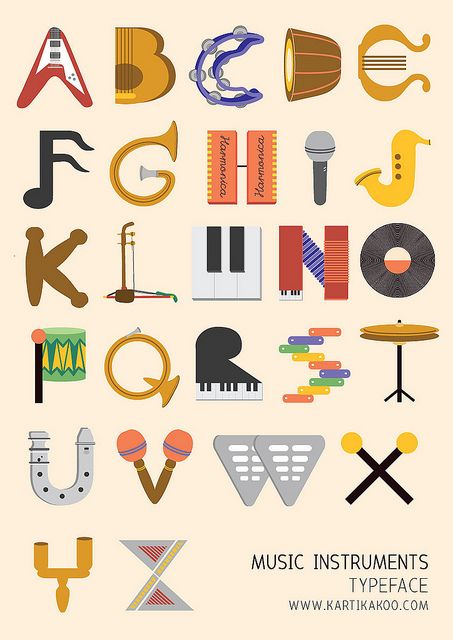 various musical instruments are arranged in the shape of letters