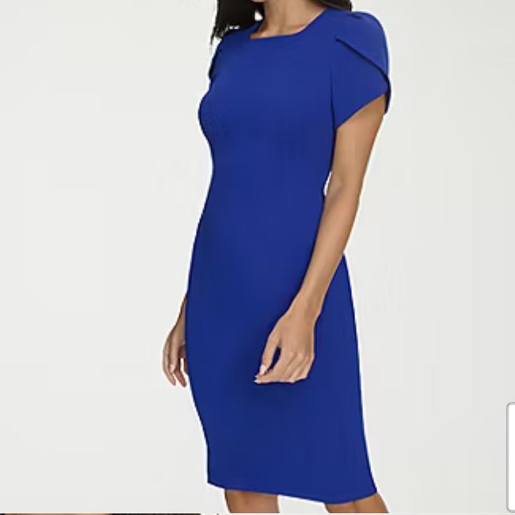 Beautiful Royal Blue Dress In Excellent New Condition. Perfect For Work Or Special Occasion. Fabric Has Elasticity Which Makes It Flexible And Comfortable To Your Body. Length: 39” Inches From Shoulder To Bottom Hem Blue Stretch Sheath Midi Dress, Blue Stretch Dresses For Work, Blue Short Sleeve Mini Dress For The Office, Blue Short Sleeve Mini Dress For Office, Blue Stretch Midi Dress For Formal Occasions, Summer Office Dresses By Calvin Klein, Calvin Klein Summer Office Dresses, Calvin Klein Blue Midi Length Dress, Elegant Blue Calvin Klein Dress