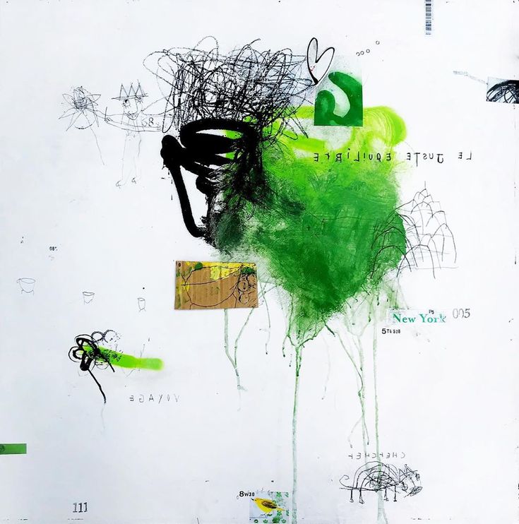 an abstract painting with green and black colors