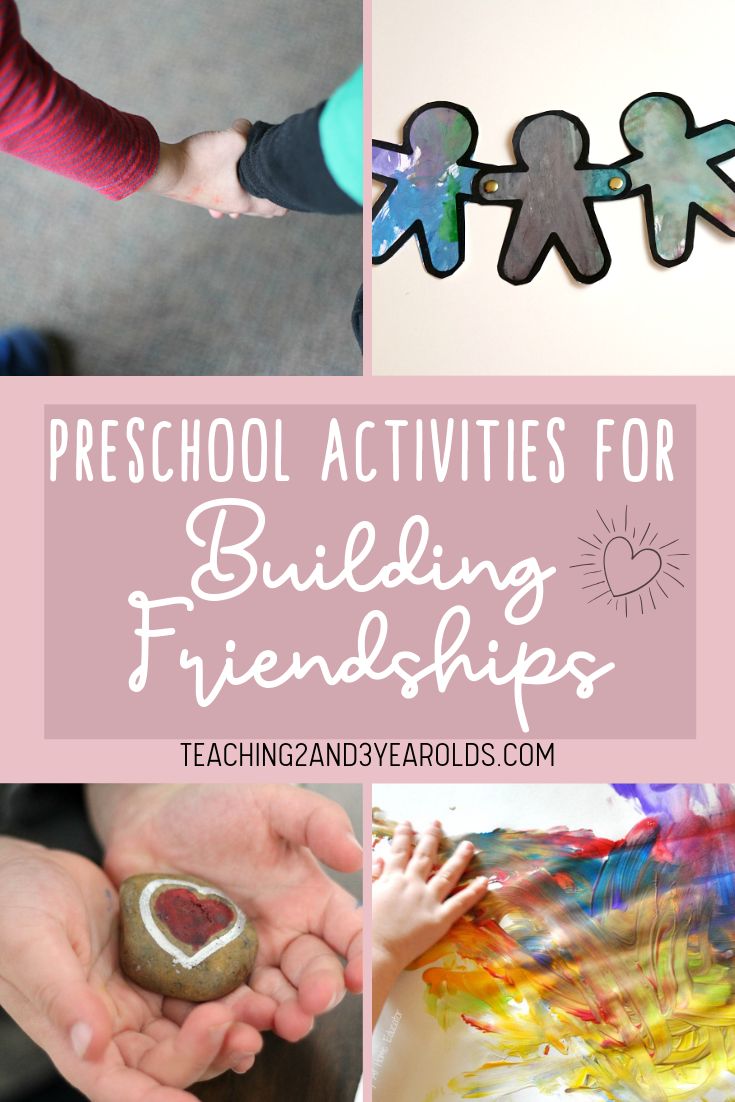 the words preschool activities for building friends with pictures of children holding rocks and paper hearts