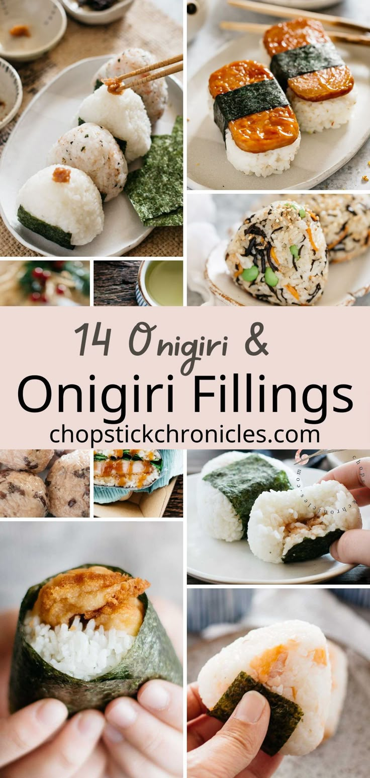 there are pictures of different sushi and onigiri fillings in this collage