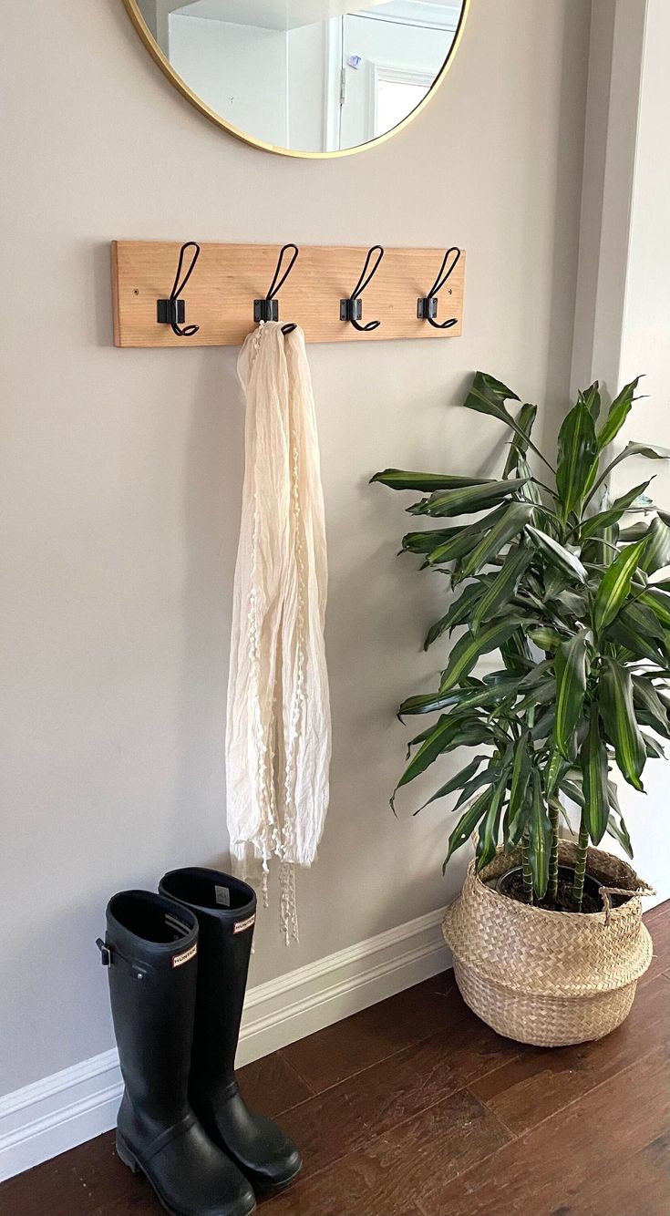 a potted plant sitting on top of a wooden floor next to a wall mounted coat rack