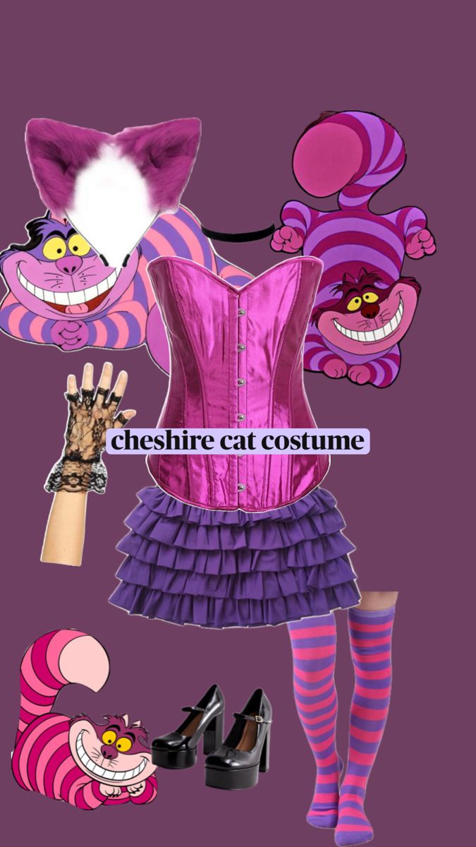 the costume is pink and purple with cats on it