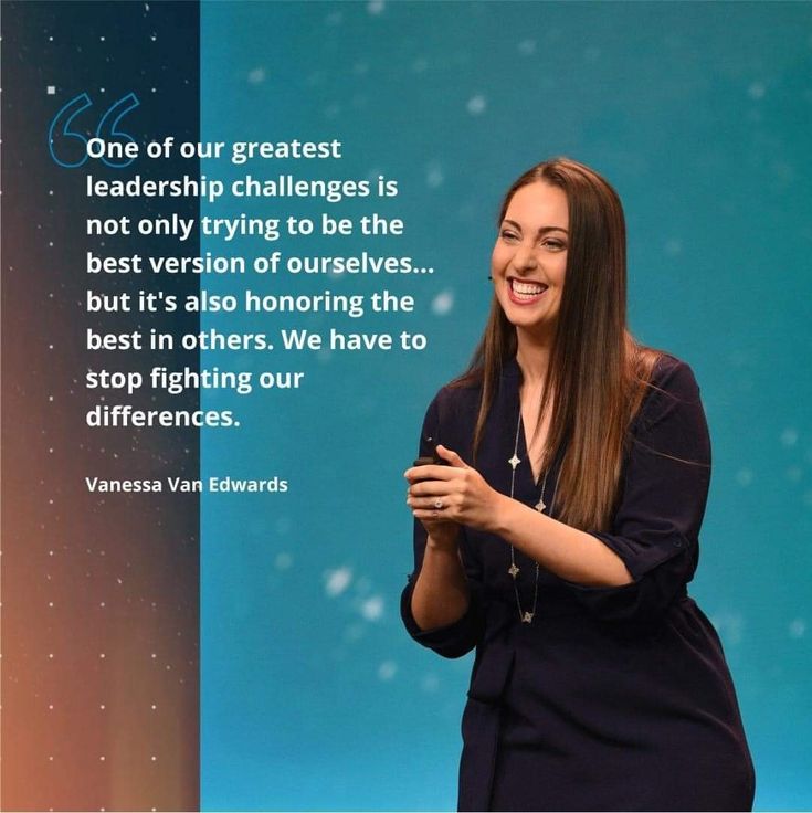 a woman standing in front of a blue wall with a quote on it that says, one of our greatest leaders is not only trying to be the best version of ourselves