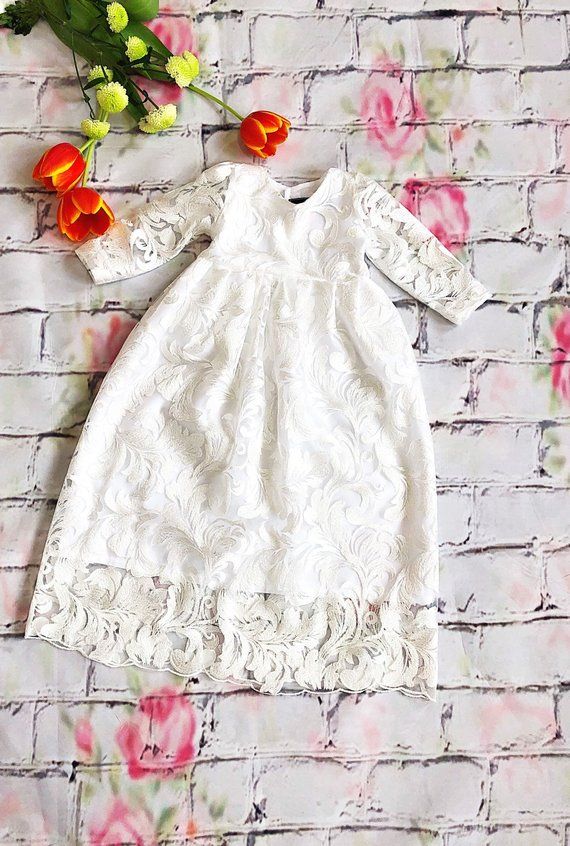 Maia christening dress, lace baby girl's baptism gown, white blessing dress, communion girl's dress, infant baptism dress, dedication gown First Communion Lace Dress With Lace Patchwork, Elegant White First Communion Dress For Spring, Lace Baptism Dress With Lace Bodice, First Communion Lace Dress, Elegant White Baptism Dress For Spring, Elegant First Communion Gown For Spring, Spring First Communion Lace Dress, Lace Bodice Baptism Dress, White Lace Dress For Baptism In Spring