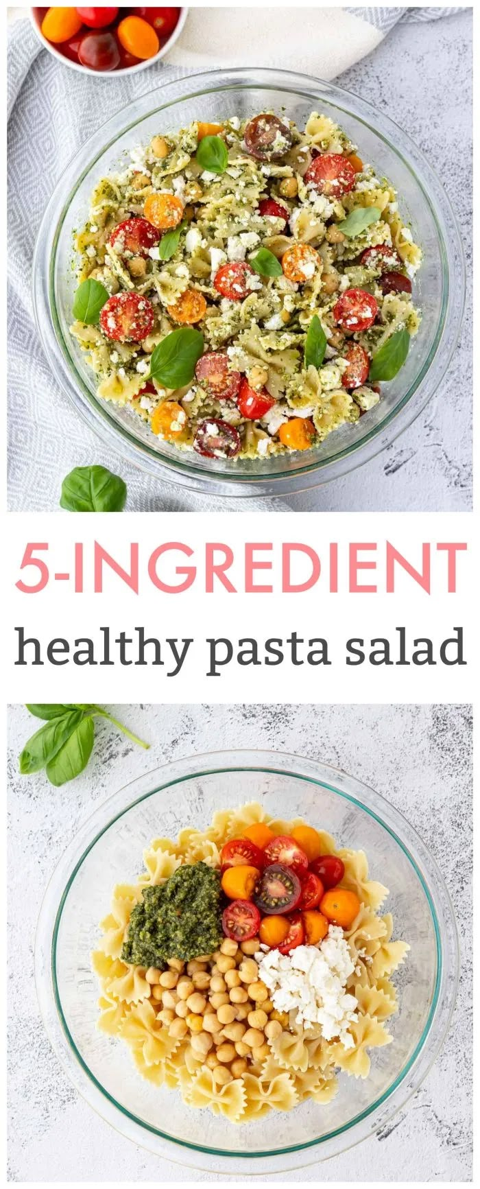 the ingredients for this healthy pasta salad are shown in three separate bowls and on top of each other