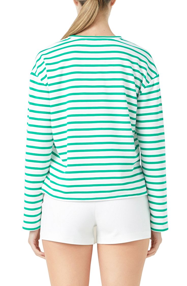 Shine bright in this striped long-sleeve top adorned with embellished patch letters decorating the front. Crewneck Long sleeves 65% cotton, 35% polyester Hand wash, dry flat Imported Spring Horizontal Stripe Long Sleeve Sweater, Horizontal Stripe Crew Neck Tops For Fall, Cotton Sweater With Striped Long Sleeves, Fall Striped Long Sleeve Top, Striped Long Sleeve Top For Fall, White Long Sleeve Sweater With Striped Hem, Cotton Striped Sweatshirt With Striped Cuffs, Cotton Crew Neck Tops With Striped Cuffs, Striped Crew Neck Sweatshirt For Spring