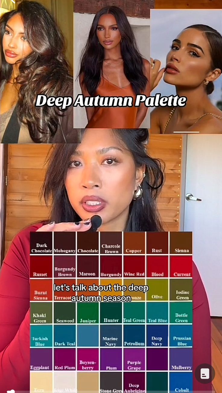 Color Palette For Warm Skin Tone, Dark Autumn Color Palette Clothes, Deep Autumn Women, Color Season Autumn, Warm Toned Outfits Color Palettes, Dark Autumn Color Palette Black Women, Outfits For Autumn Skin Tone, Navy And Brown Outfits For Women, Deep Autumn Color Palette Black Women