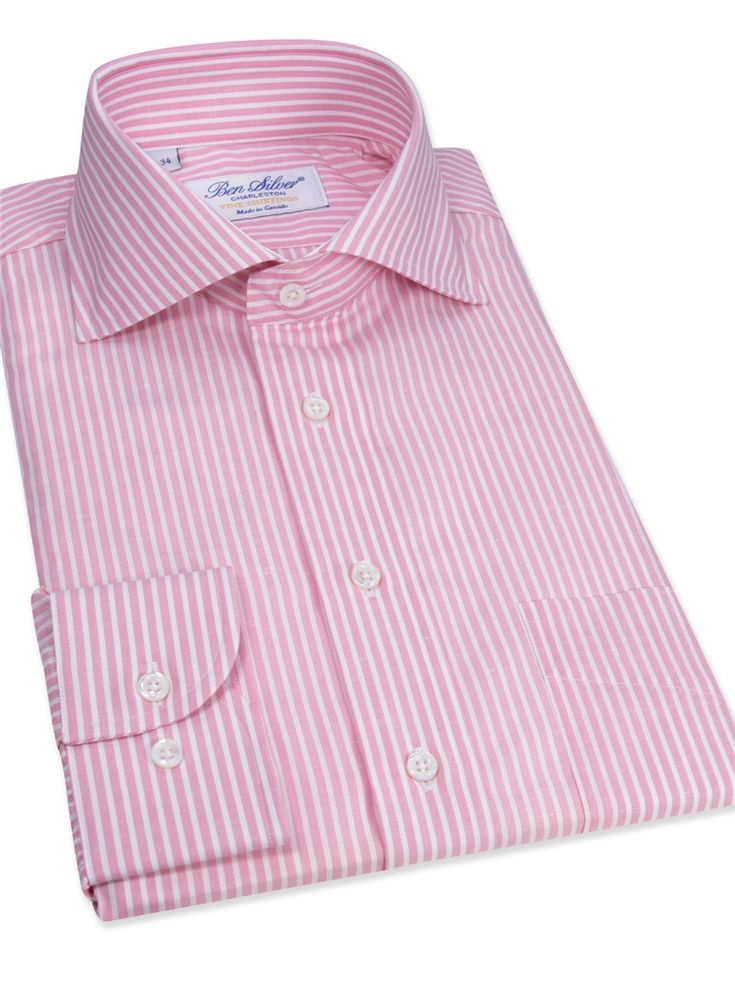 Cotton and Linen Pink and White Stripe Cutaway - The Ben Silver Collection Elegant Shirt With Vertical Stripes For Daywear, Pink Spread Collar Dress Shirt For Work, Pink Dress Shirt With Spread Collar For Work, Formal Spring Pink Shirt, Pink Semi-formal Dress Shirt For Spring, Summer Pink Cotton Dress Shirt, Pink Collared Dress Shirt For Business, Pink Business Dress Shirt For Spring, Spring Business Pink Dress Shirt