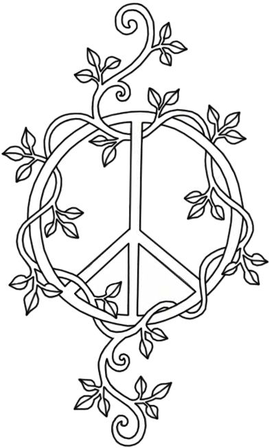 a peace sign with vines and leaves around it, in the shape of a heart