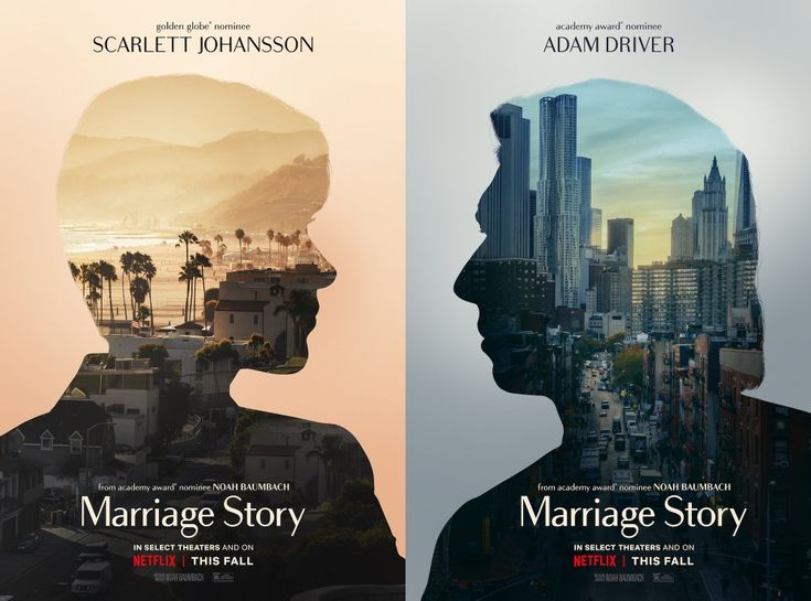 two movie posters for marriage story and marriage story, with the silhouettes of people facing each other