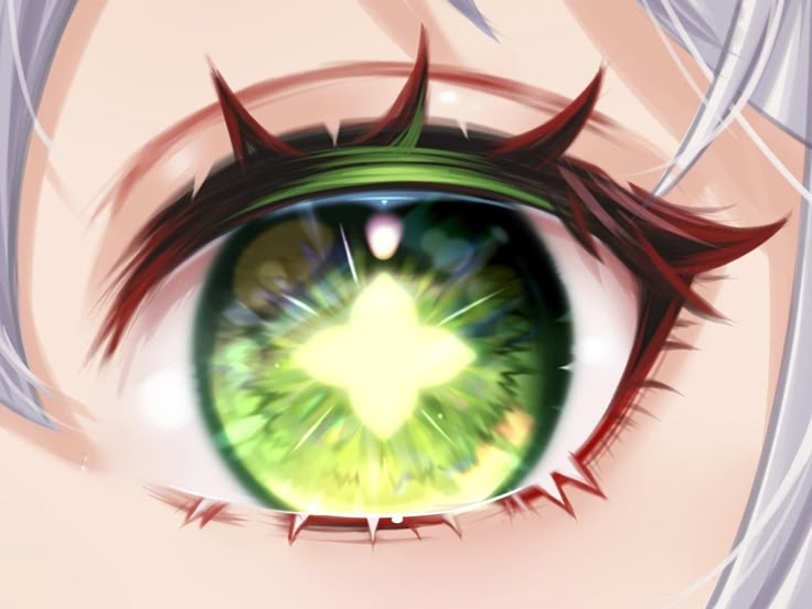 an anime eye with green eyes and white hair