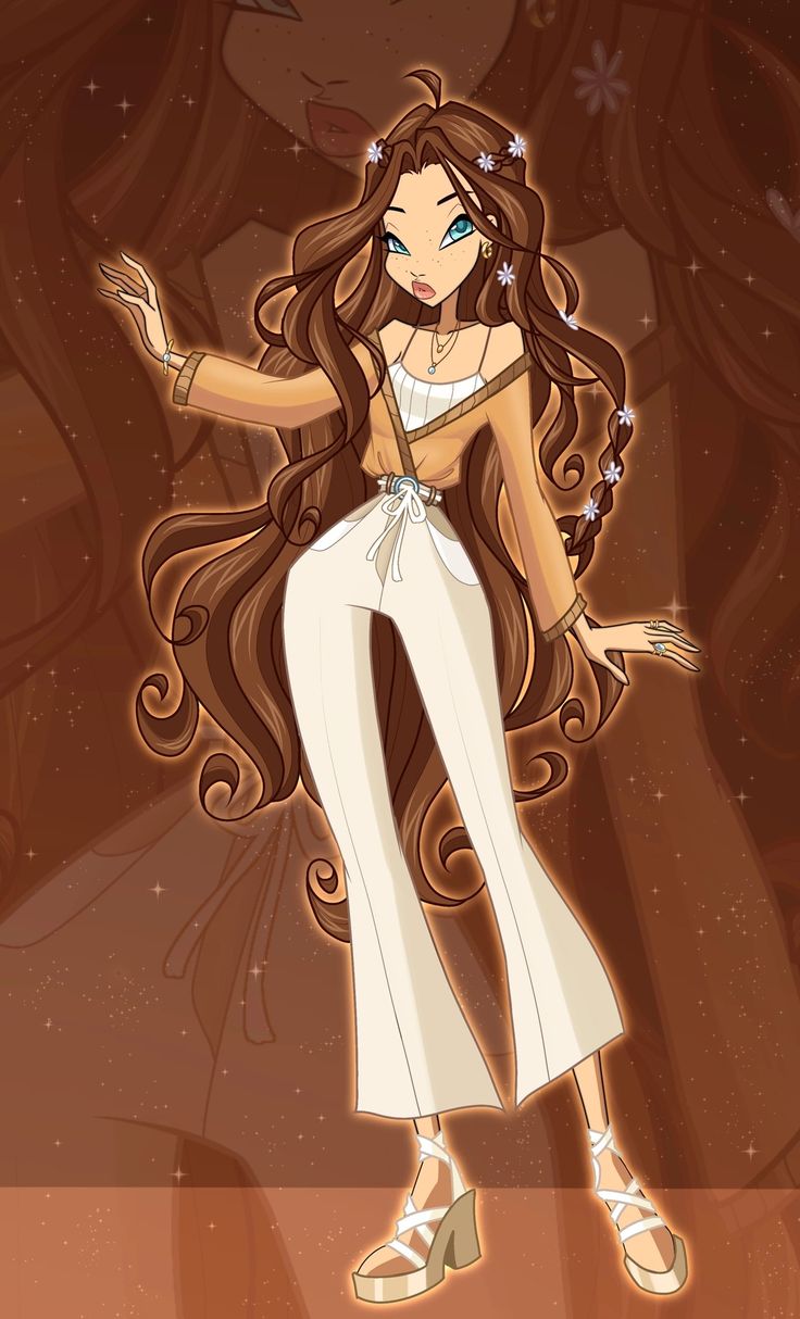 a cartoon girl with long hair and white pants