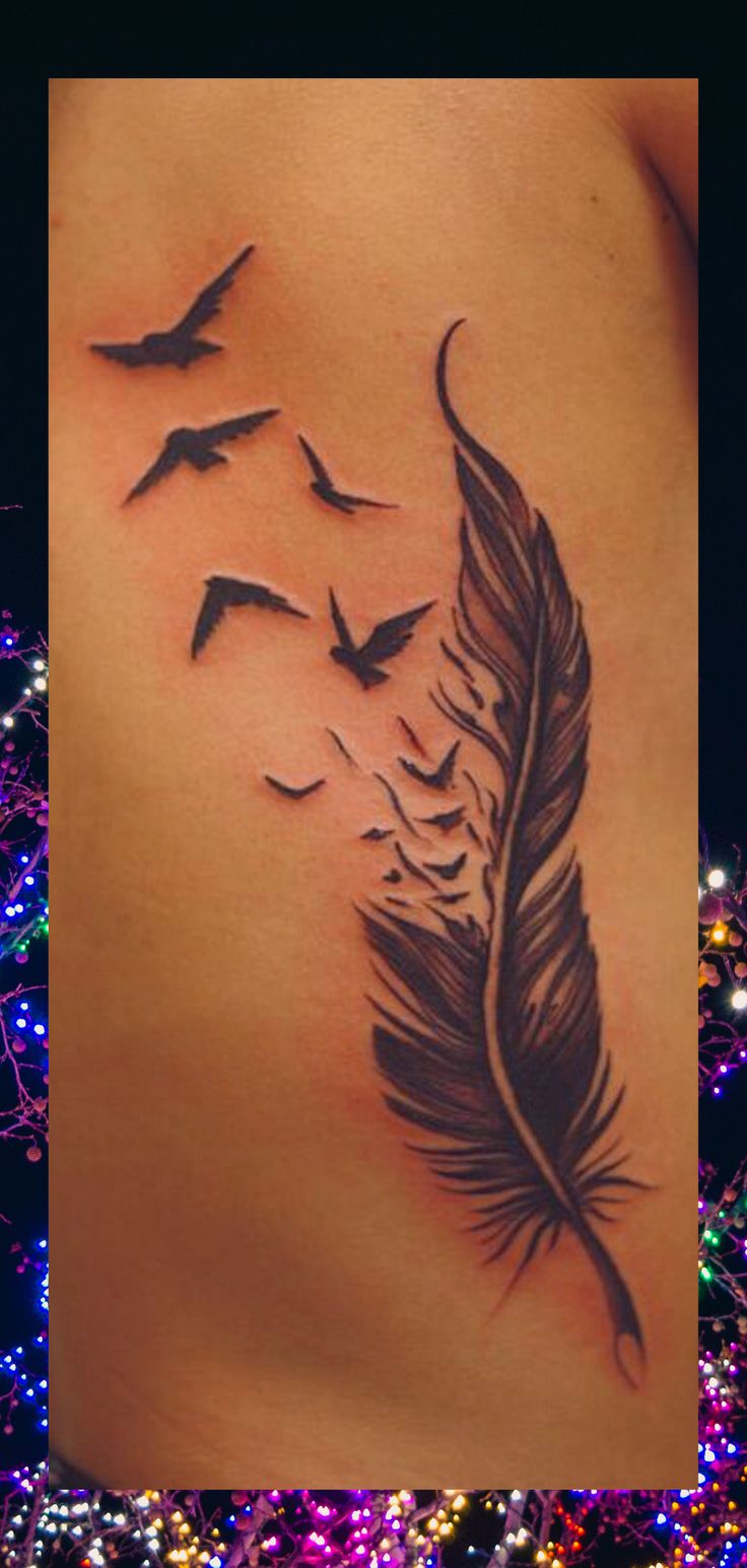 Simple And Beautiful Feather Tattoo Design | Feather Bird Tattoo | Tattoo Ideas Feather. 3 Feather Tattoo Ideas, Feather Breaking Into Birds Tattoo, Feathers Falling Tattoo, Feather With Names Tattoo Ideas, Feather To Bird Tattoo, Mum Feather Tattoo, Feather On Hand Tattoo, Tattoos Of Feathers, Half Feather Tattoo