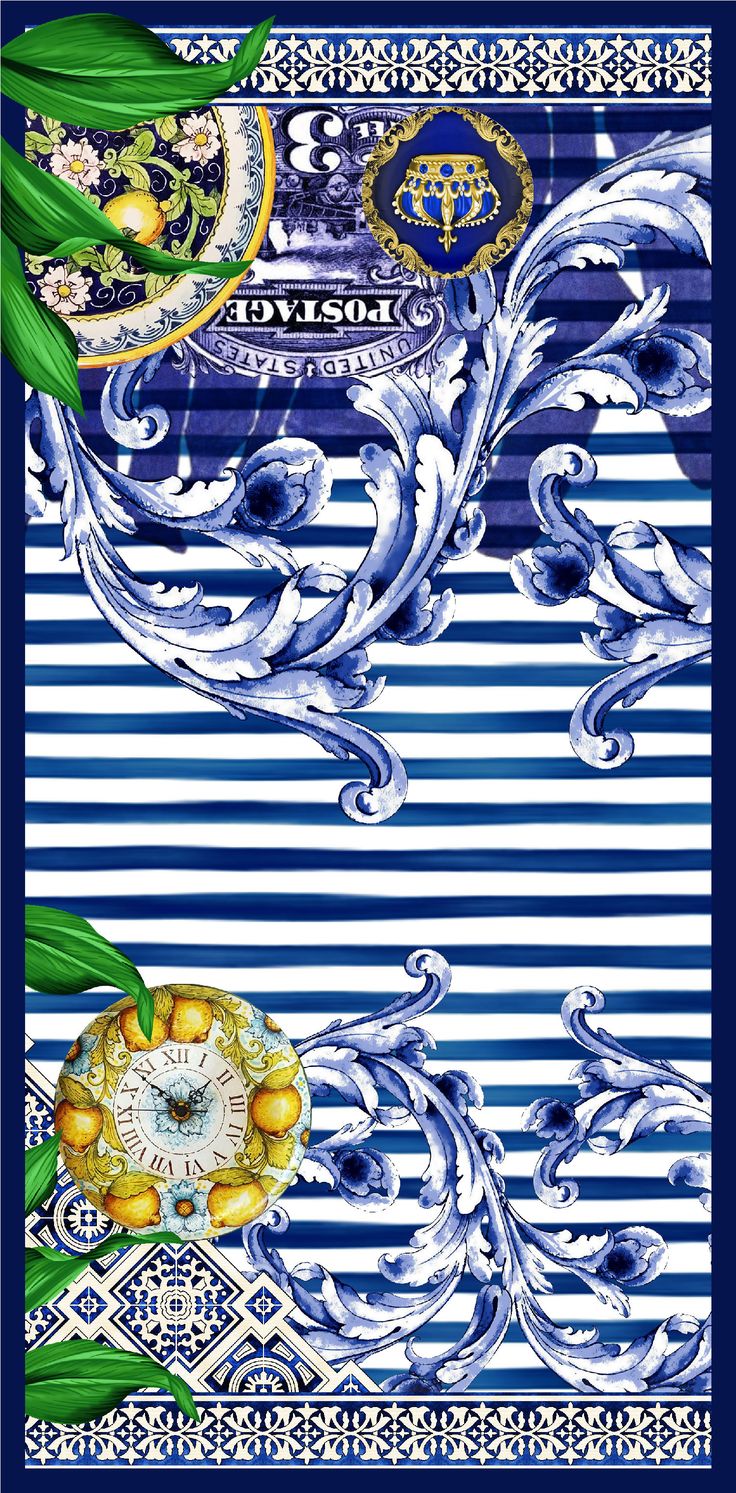 a blue and white striped background with an ornate design on the bottom half of it