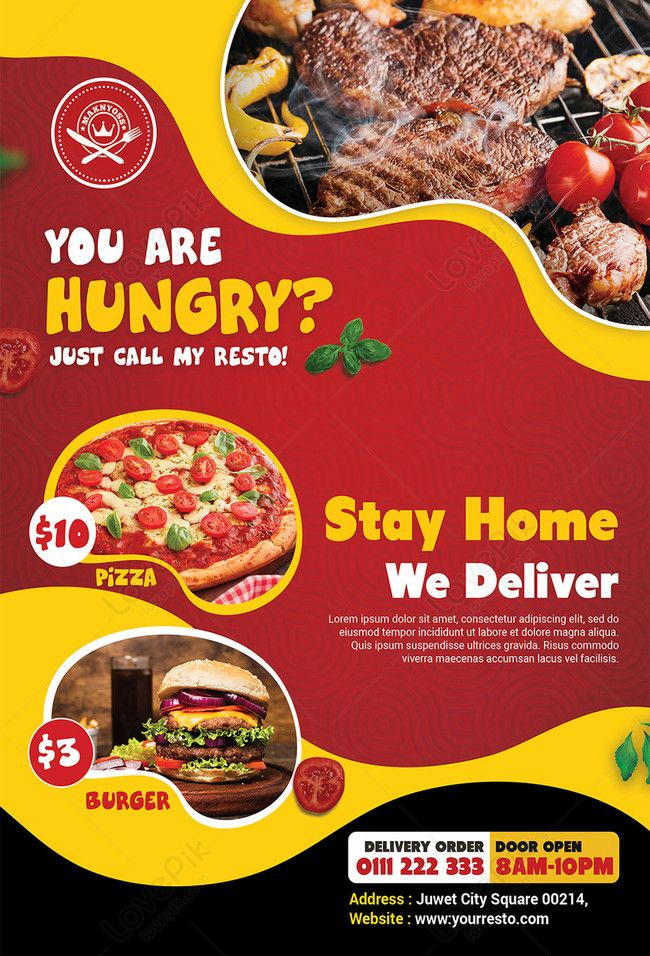 a flyer for a restaurant with different food items