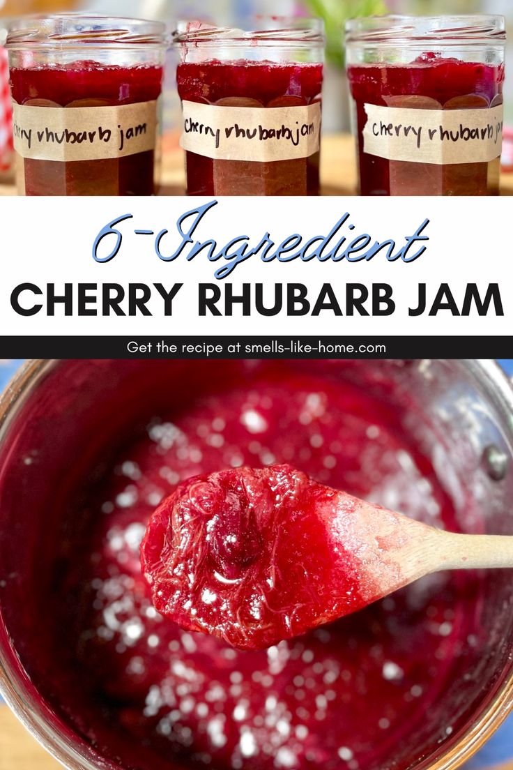 the recipe for cherry rhubar jam in jars