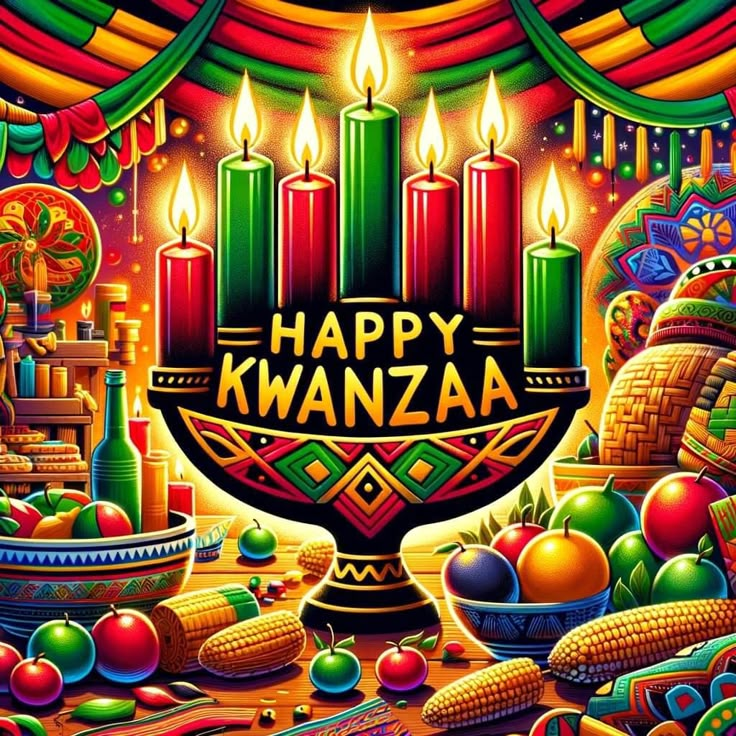 a happy kwanzaa poster with candles and fruit on the table in front of it